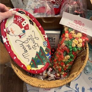 Christmas Themed Gift Basket with Santa Plate and Popcorn